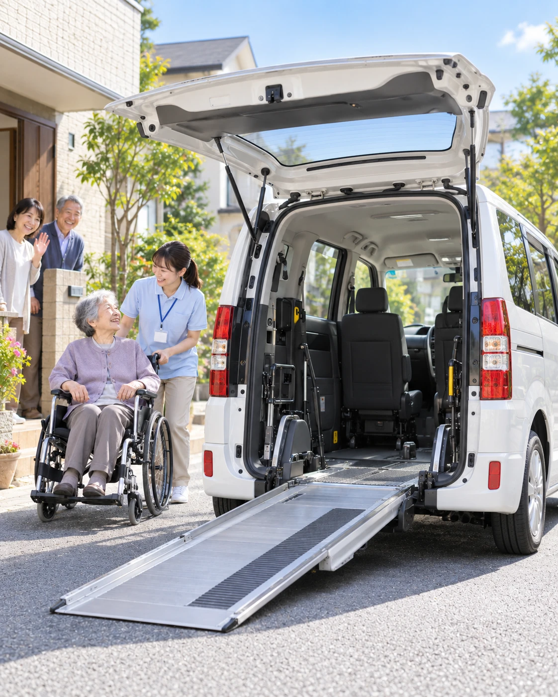 スロープ付き福祉車両の前で、車いすの女性とスタッフが笑顔で話している様子