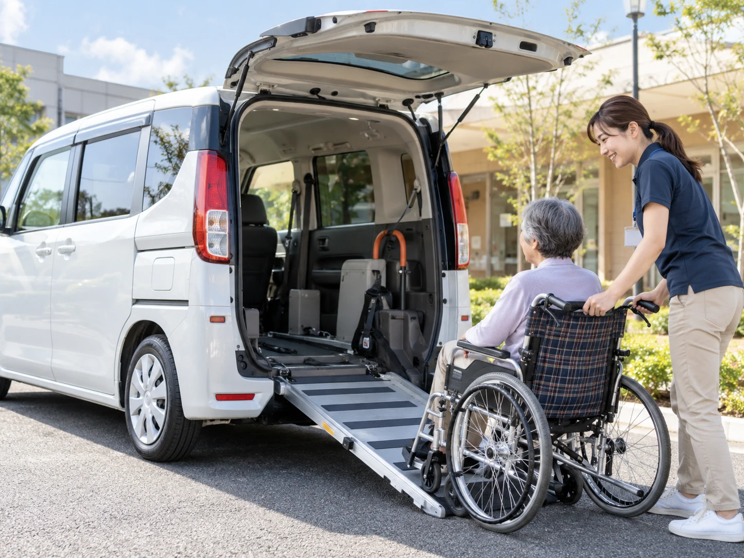 スタッフが車いすの女性をスロープ付き福祉車両へ案内している様子