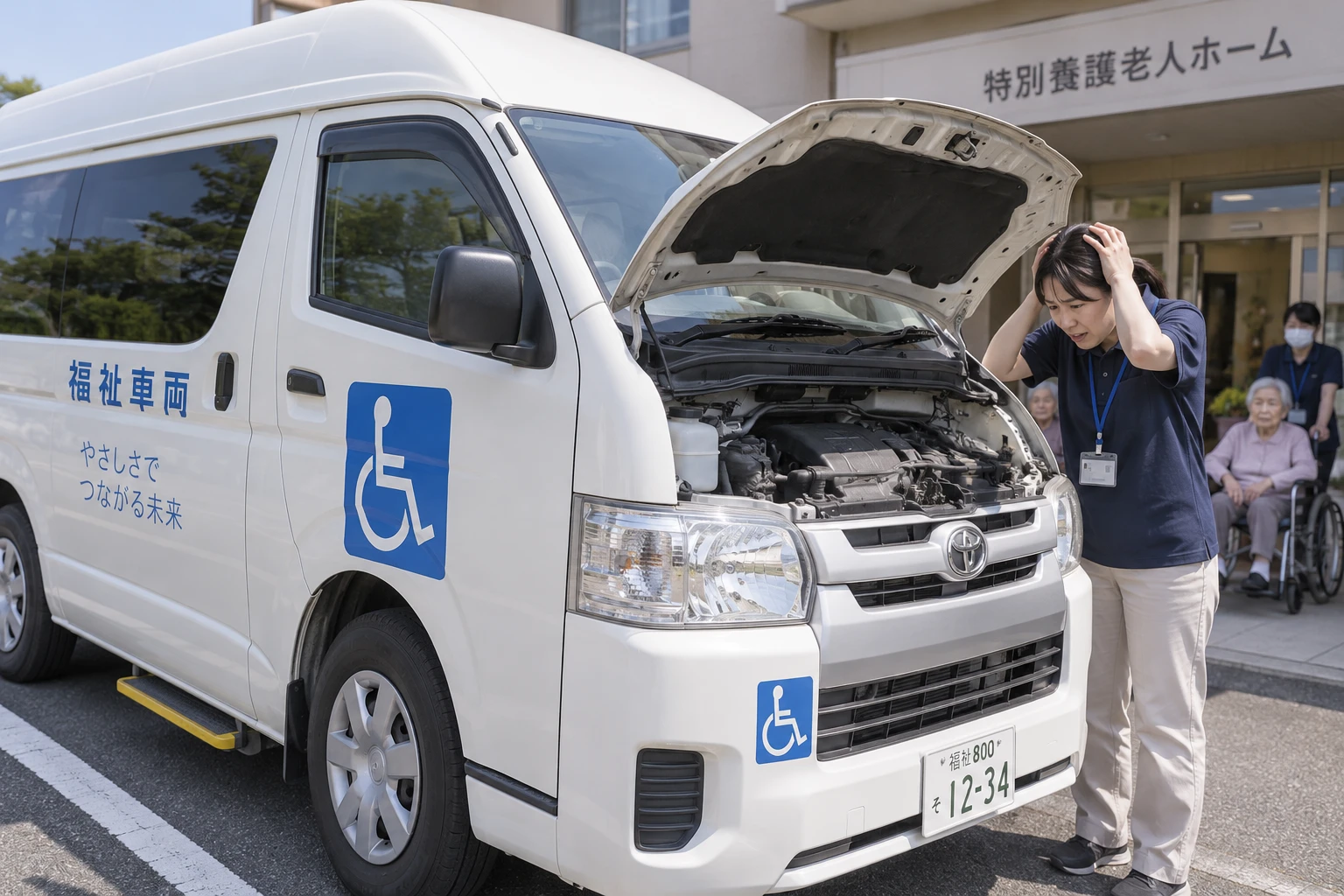 故障した福祉車両のボンネットを開けて困っている施設スタッフ